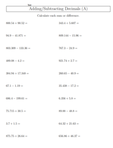 Adding And Subtracting Decimals PDF Free Download